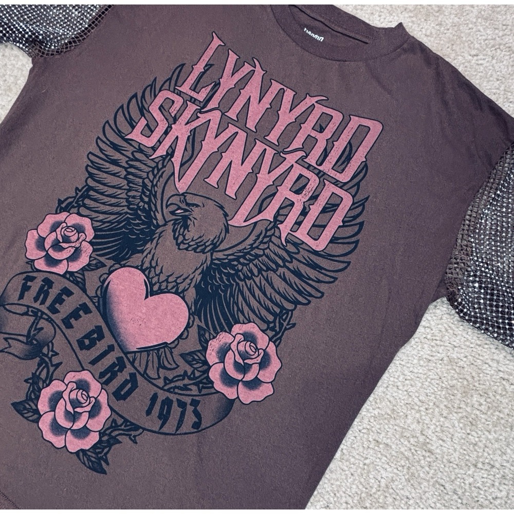 Lynyrd Skynyrd Free Bird Rhinestone Bedazzled Mesh Sleeve Brown Shirt Small